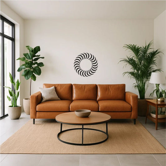 3D circle of motion optical illusion wall decal applied in modern living room above sofa