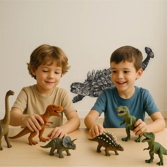 Kids playing with dinosaur toys beneath Ankylosaurus wall decal in children’s room