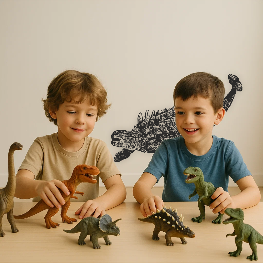 Two boys playing with dinosaur toys in front of Ankylosaurus wall decal – fun prehistoric decor for kids’ playroom