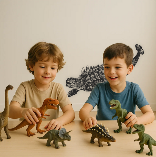 Two boys playing with dinosaur toys in front of Ankylosaurus wall decal – fun prehistoric decor for kids’ playroom