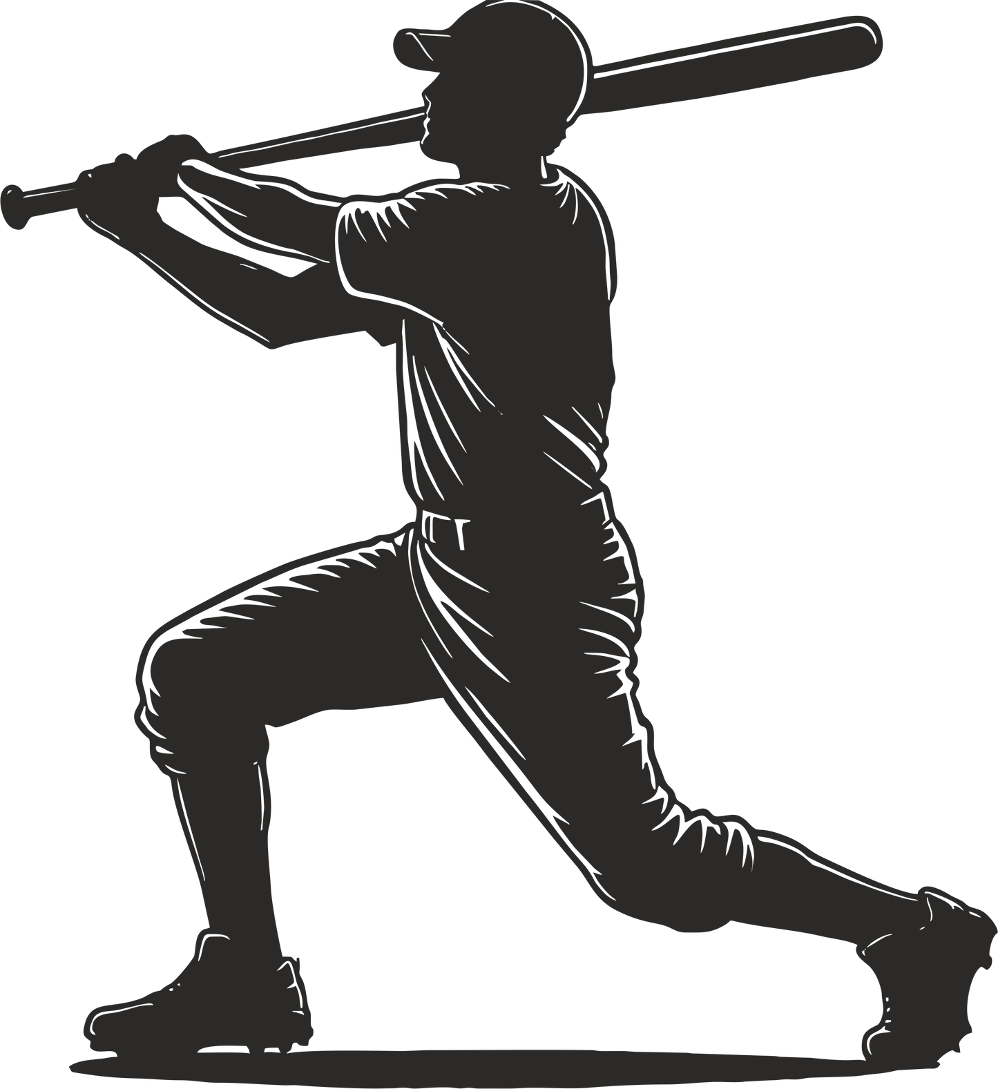 Baseball wall decal – Home run swing silhouette in black, facing left – Vinyl sticker for sports-themed decor.