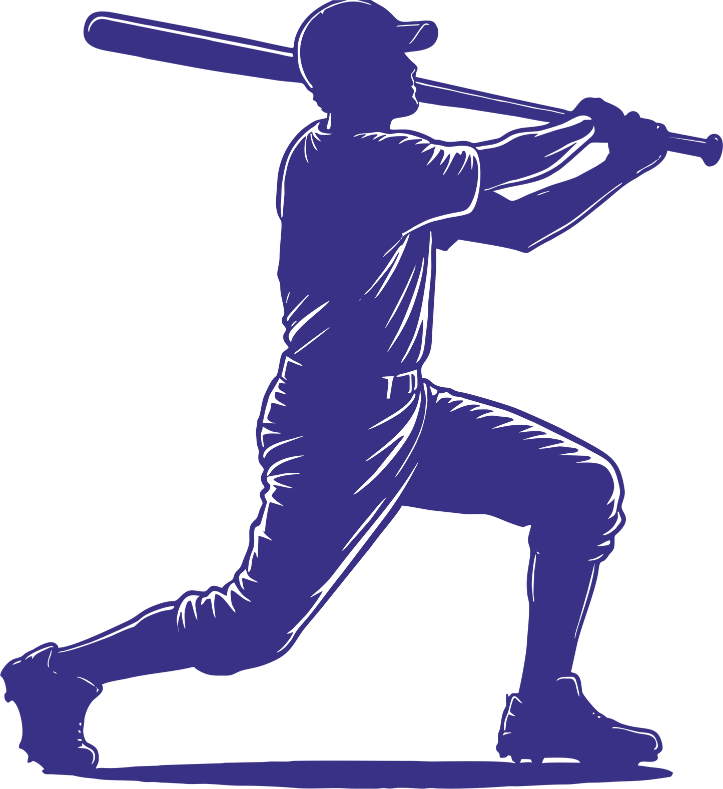 Baseball wall decal – Home run swing silhouette in navy, facing right – Vinyl sticker for sports-themed decor.