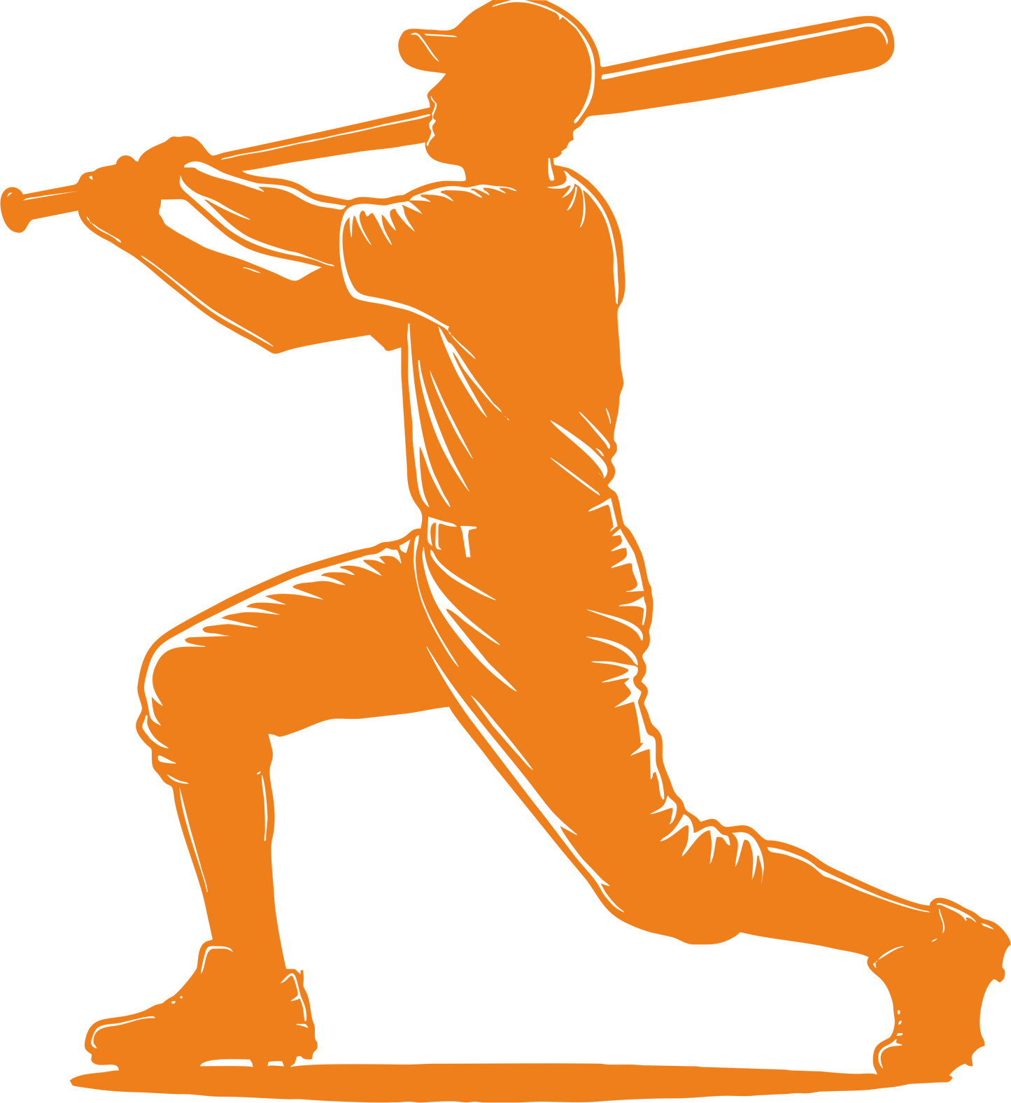 Baseball wall decal – Home run swing silhouette in orange, facing left – Vinyl sticker for sports-themed decor.