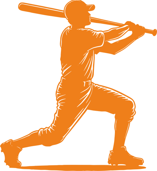 Baseball wall decal – Home run swing silhouette in orange, facing right – Vinyl sticker for sports-themed decor.