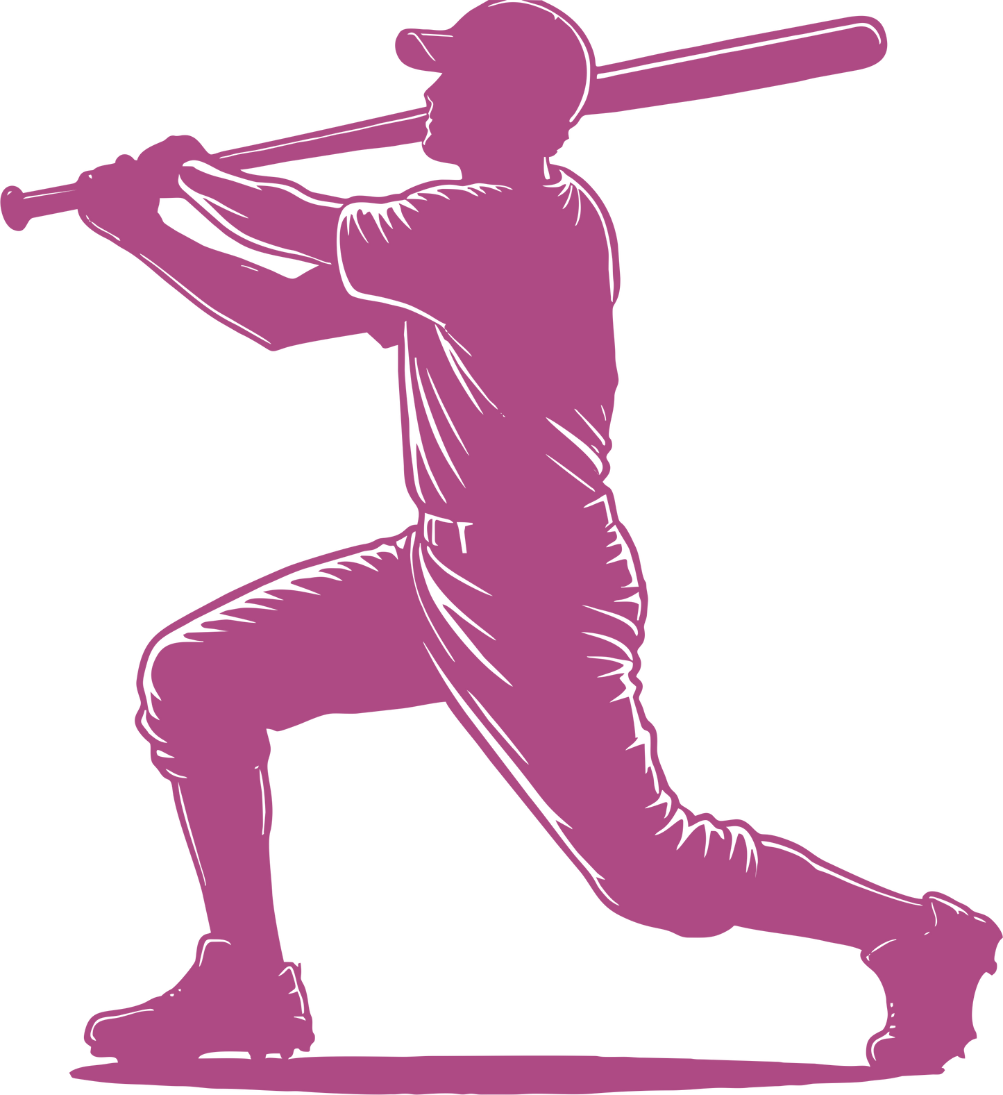 Baseball wall decal – Home run swing silhouette in purple, facing left – Vinyl sticker for sports-themed decor.