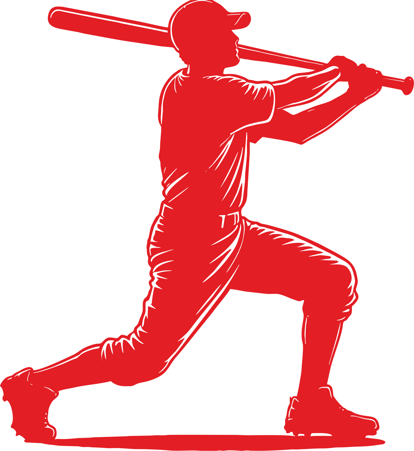 Baseball wall decal – Home run swing silhouette in red, facing left – Vinyl sticker for sports-themed decor.