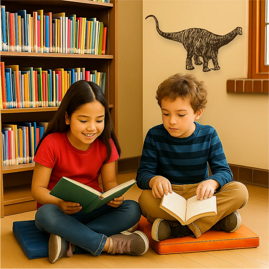 Children reading in library with Brontosaurus wall decal behind them – educational dinosaur decor for kids’ spaces