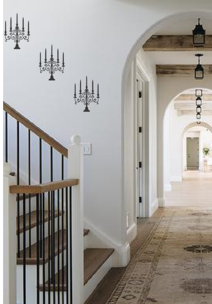 Candlestick wall decal applied in modern hallway with staircase – elegant vintage wall accent