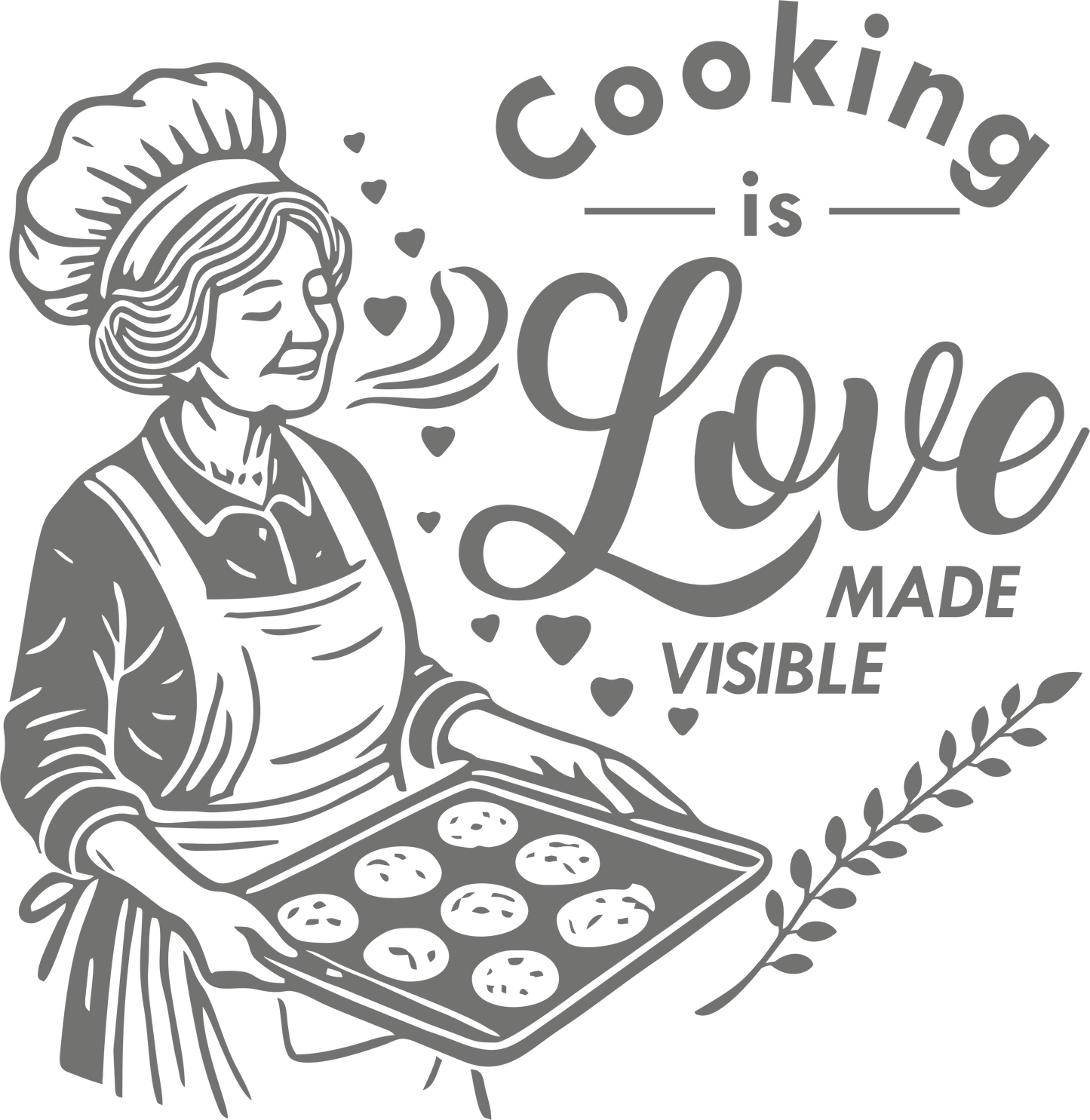 Kitchen wall decal – 'Love Made Visible' cooking quote in grey – Baking-themed vinyl sticker for cozy kitchen decor