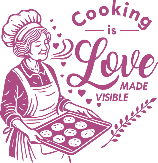 Kitchen wall decal – 'Love Made Visible' cooking quote in purple – Baking-themed vinyl sticker for cozy kitchen decor