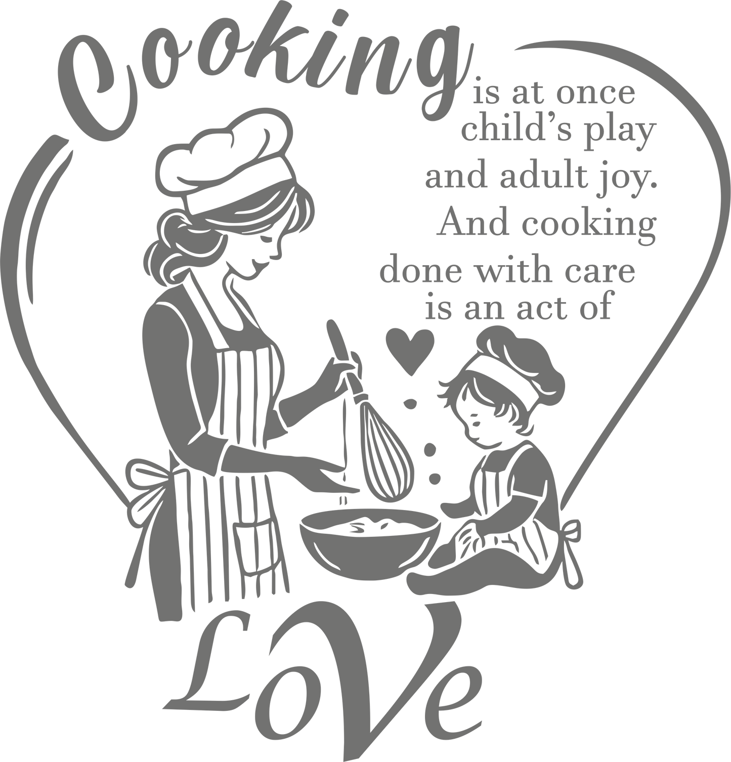 Kitchen wall decal – "Love & Joy" cooking quote in grey – Vinyl sticker for kitchen decor.