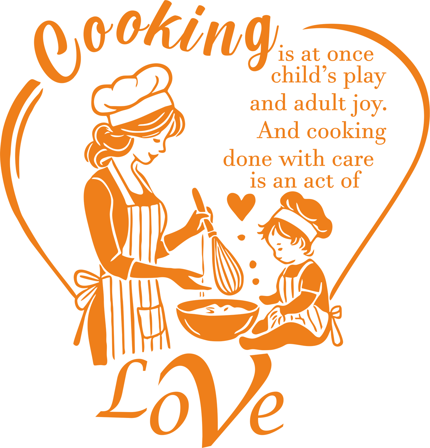Kitchen wall decal – "Love & Joy" cooking quote in orange – Vinyl sticker for kitchen decor.