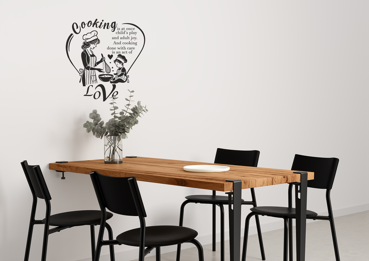 Kitchen wall decal – 'Love & Joy' cooking quote in black, displayed above dining table – Vinyl sticker for warm kitchen decor