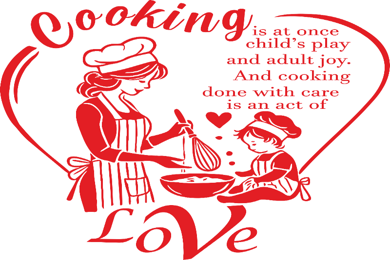 Kitchen wall decal – "Love & Joy" cooking quote in red – Vinyl sticker for kitchen decor.