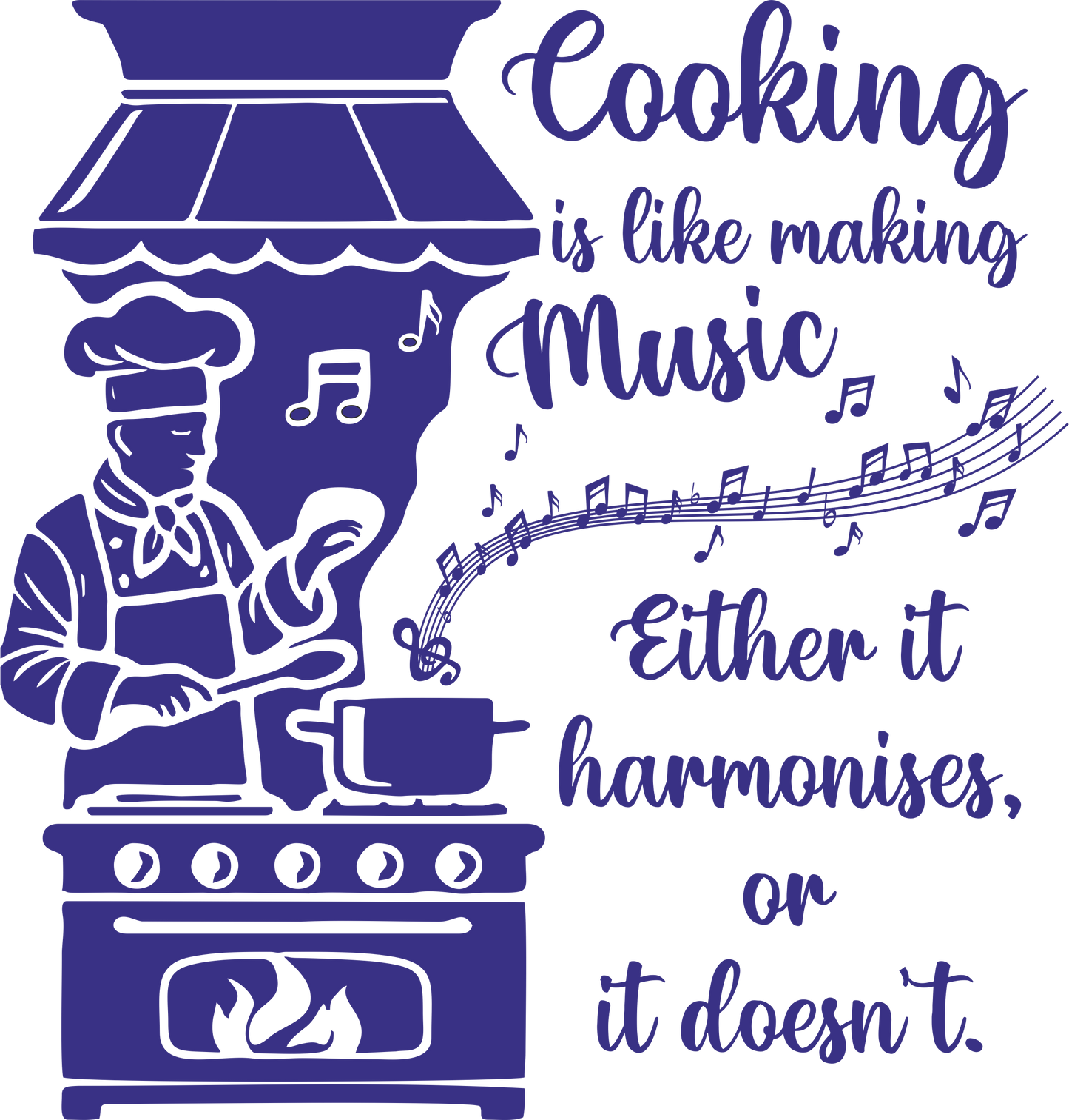 Kitchen wall decal – "Cooking is like making music" quote in navy – Vinyl sticker above stovetop.