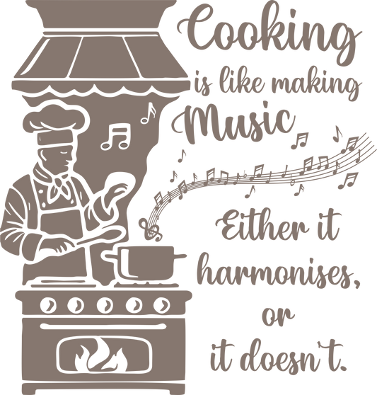 Kitchen wall decal – "Cooking is like making music" quote in brown – Vinyl sticker above stovetop.