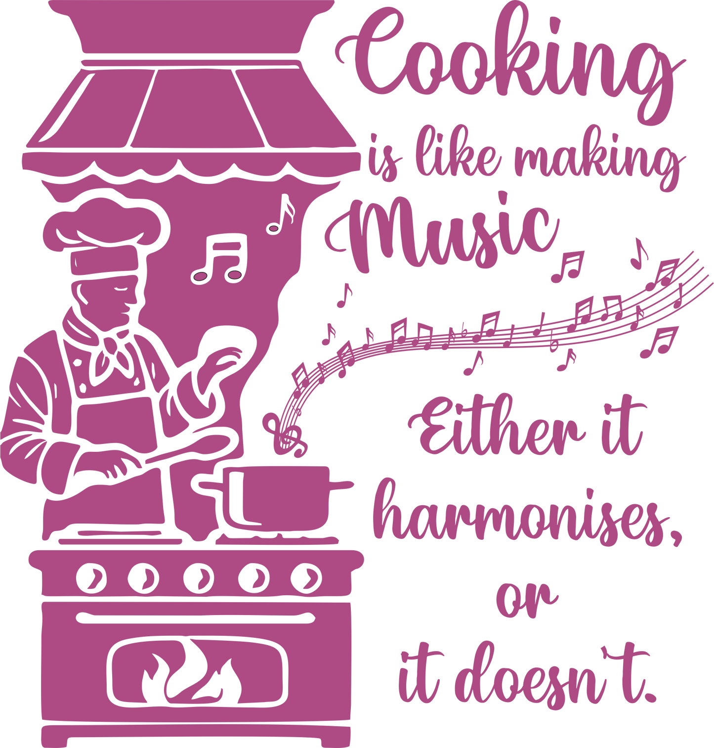 Kitchen wall decal – "Cooking is like making music" quote in purple – Vinyl sticker above stovetop.