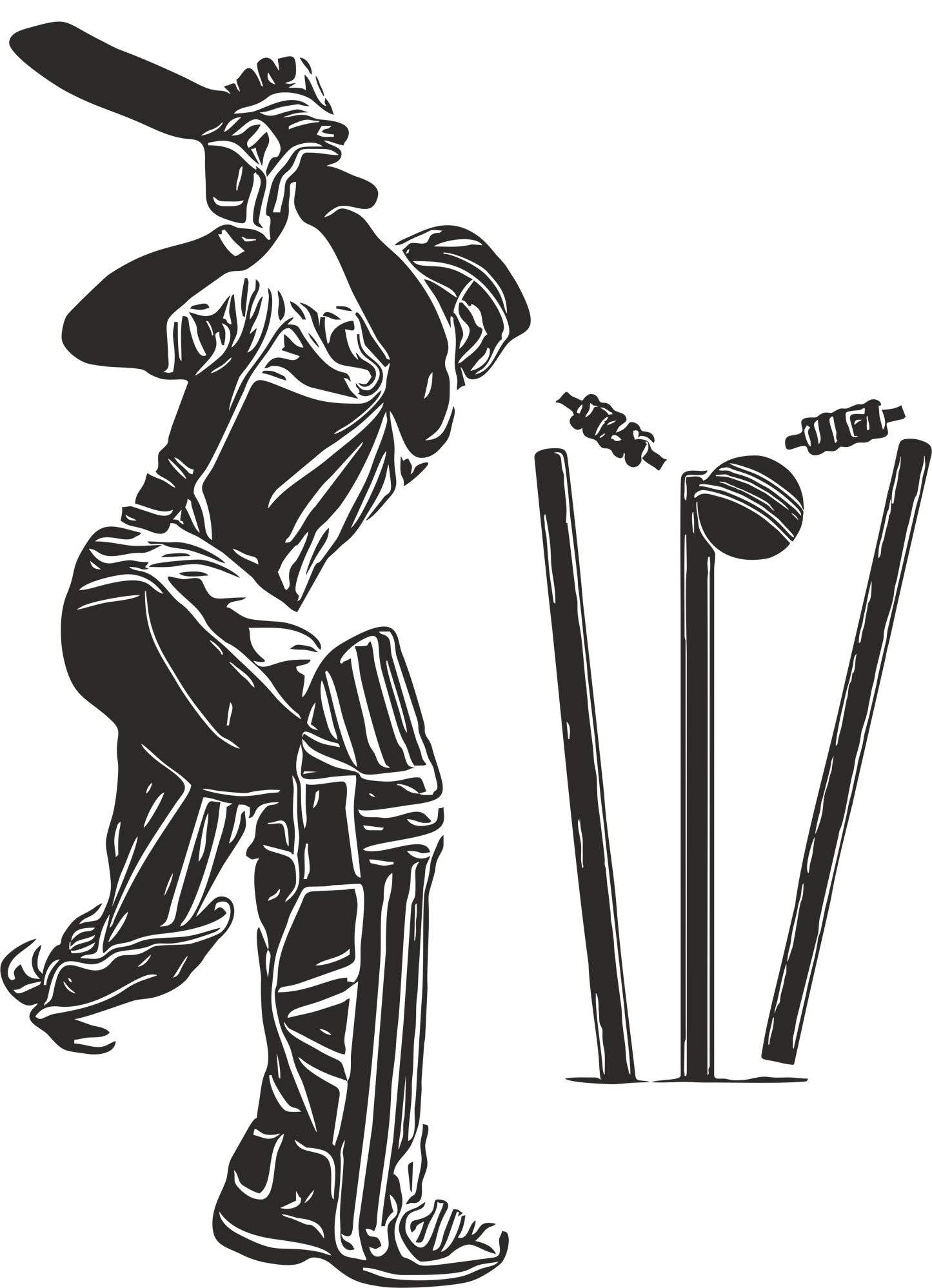 Cricket wall decal – Batsman dismissal silhouette in black, facing right – Vinyl sticker for cricket-themed decor.
