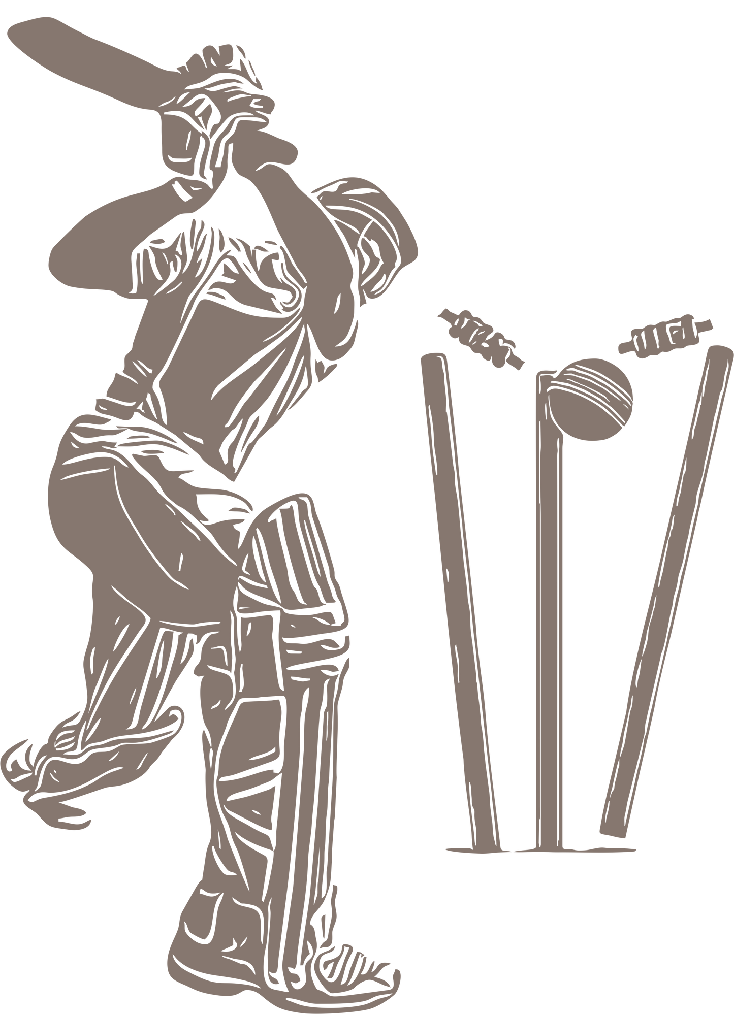 Cricket wall decal – Batsman dismissal silhouette in brown, facing right – Vinyl sticker for cricket-themed decor.