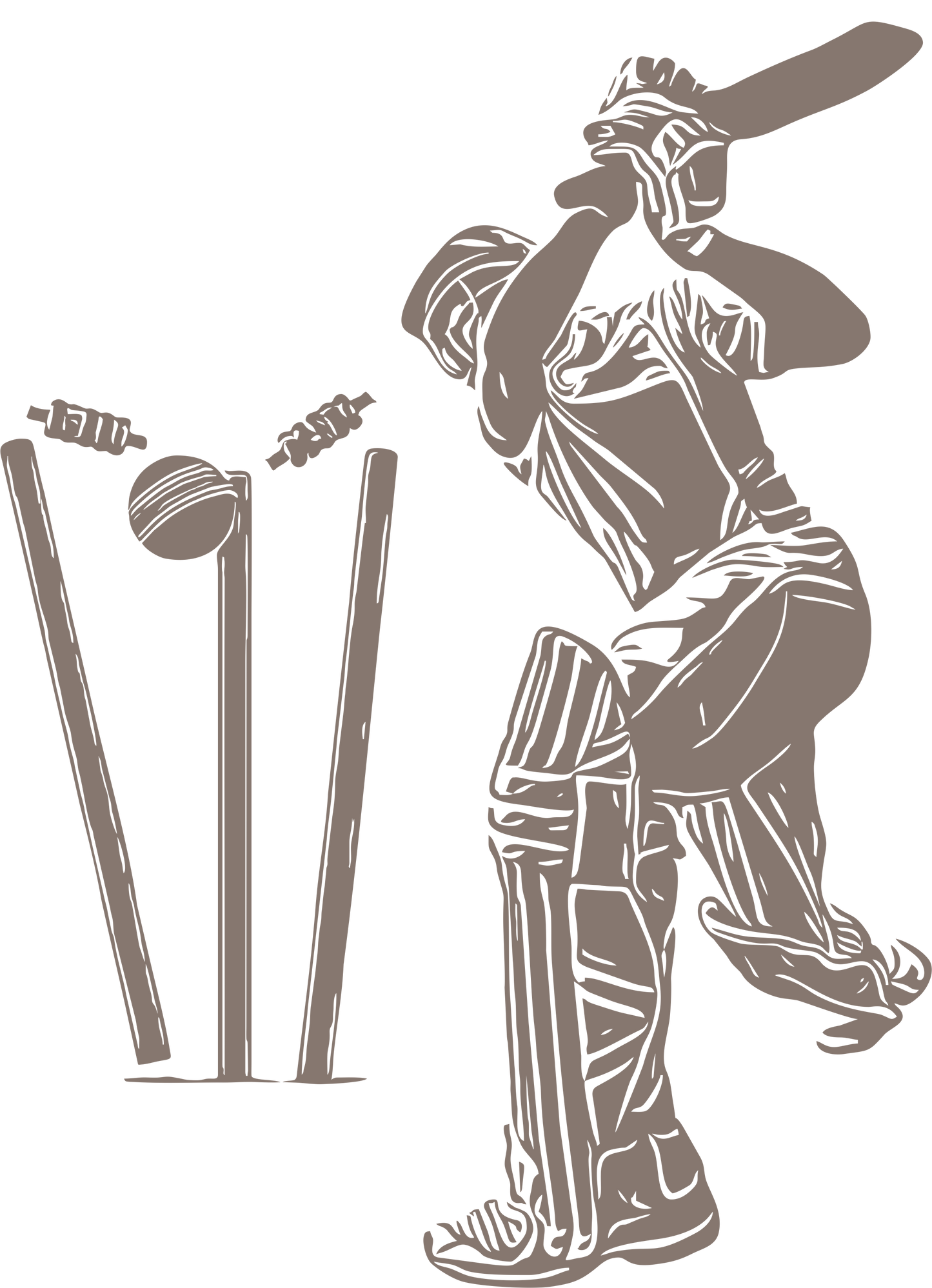 Cricket wall decal – Batsman dismissal silhouette in brown, facing left – Vinyl sticker for cricket-themed decor.