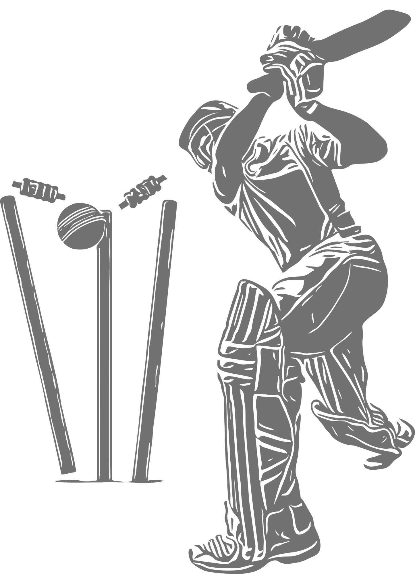 Cricket wall decal – Batsman dismissal silhouette in grey, facing left – Vinyl sticker for cricket-themed decor.