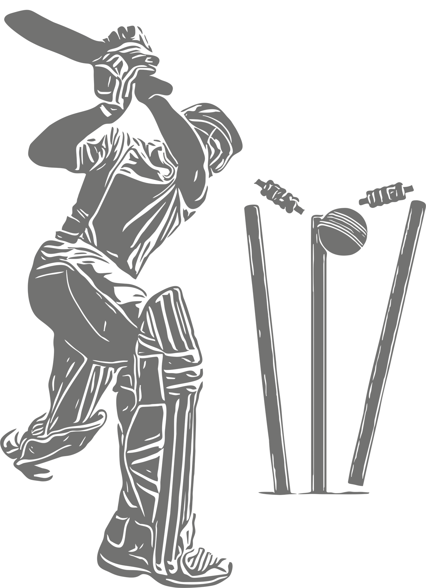 Cricket wall decal – Batsman dismissal silhouette in grey, facing right – Vinyl sticker for cricket-themed decor.