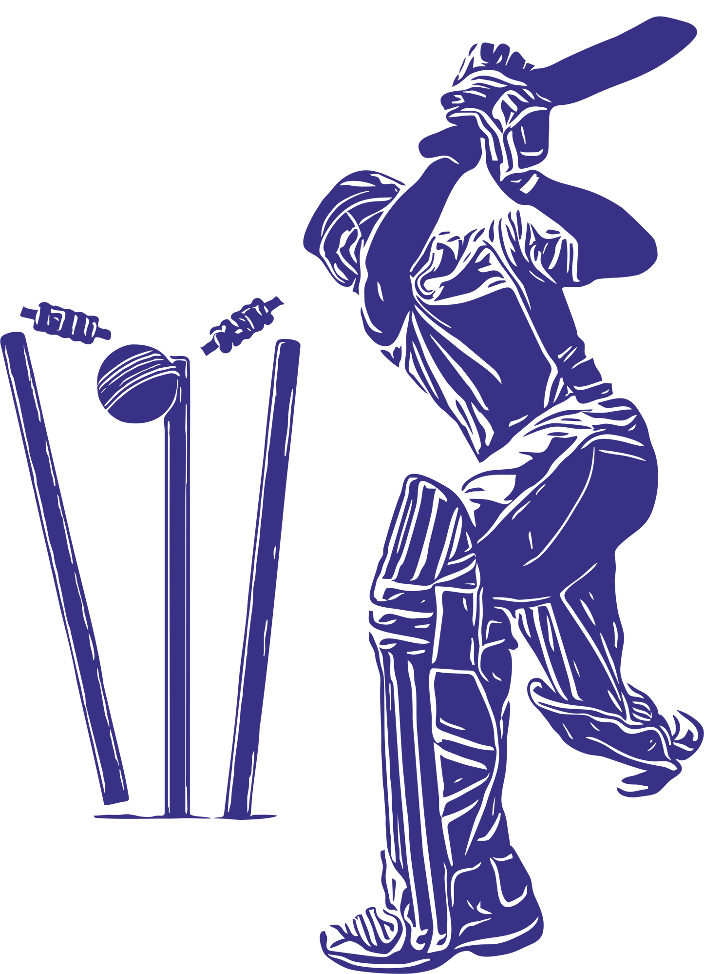 Cricket wall decal – Batsman dismissal silhouette in navy, facing left – Vinyl sticker for cricket-themed decor.