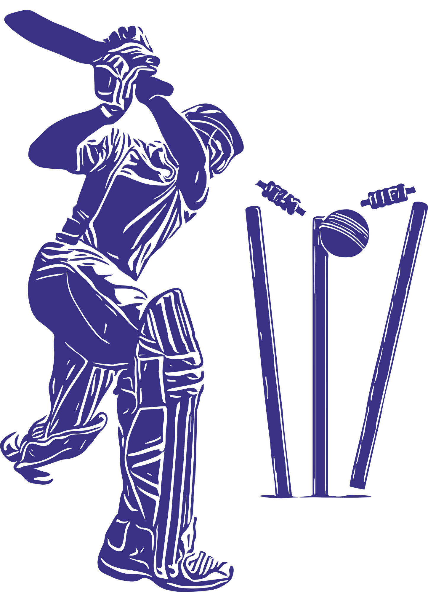 Cricket wall decal – Batsman dismissal silhouette in navy, facing right – Vinyl sticker for cricket-themed decor.