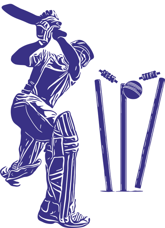 Cricket wall decal – Batsman dismissal silhouette in navy, facing right – Vinyl sticker for cricket-themed decor.