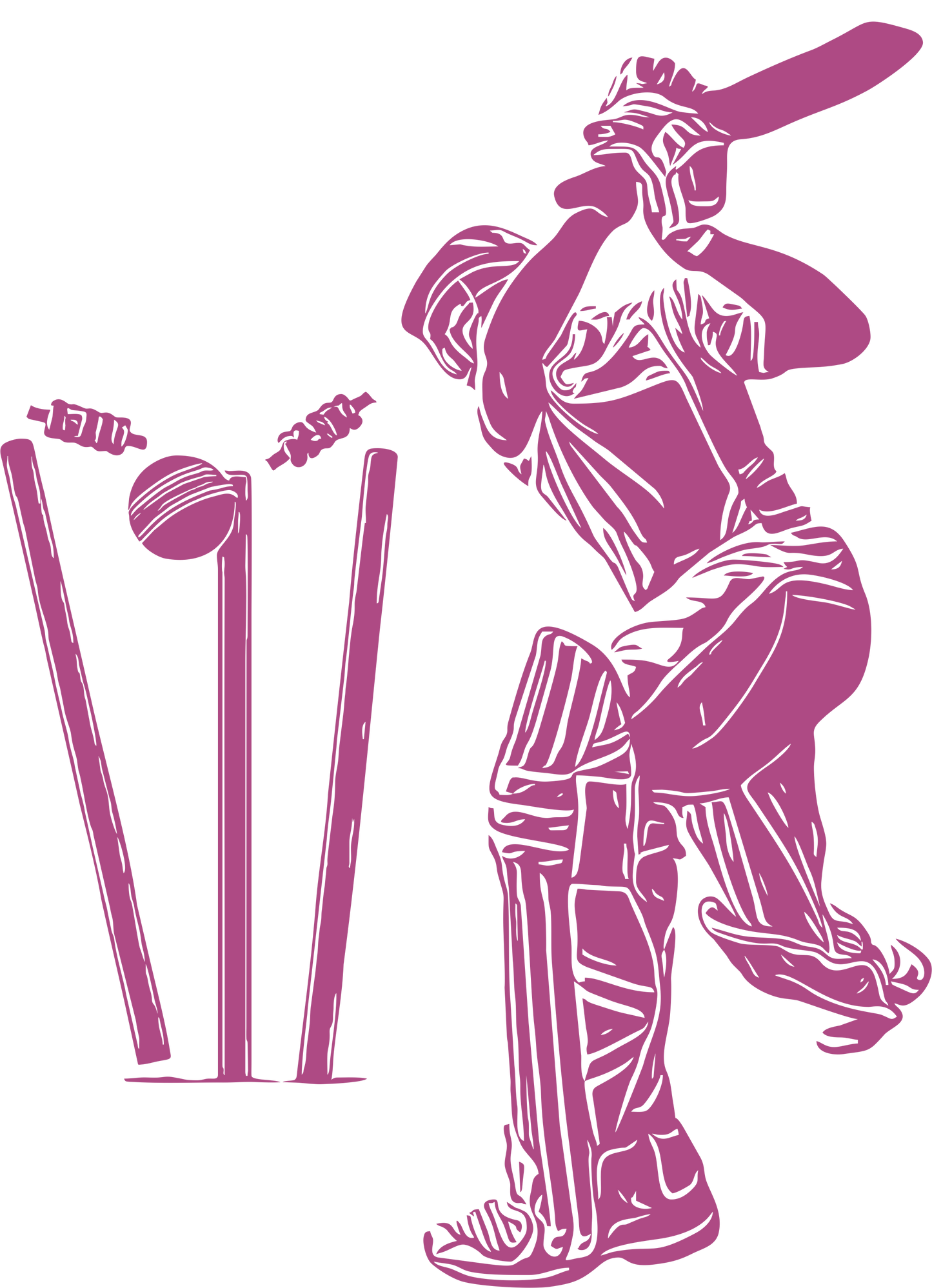 Cricket wall decal – Batsman dismissal silhouette in purple, facing left – Vinyl sticker for cricket-themed decor.