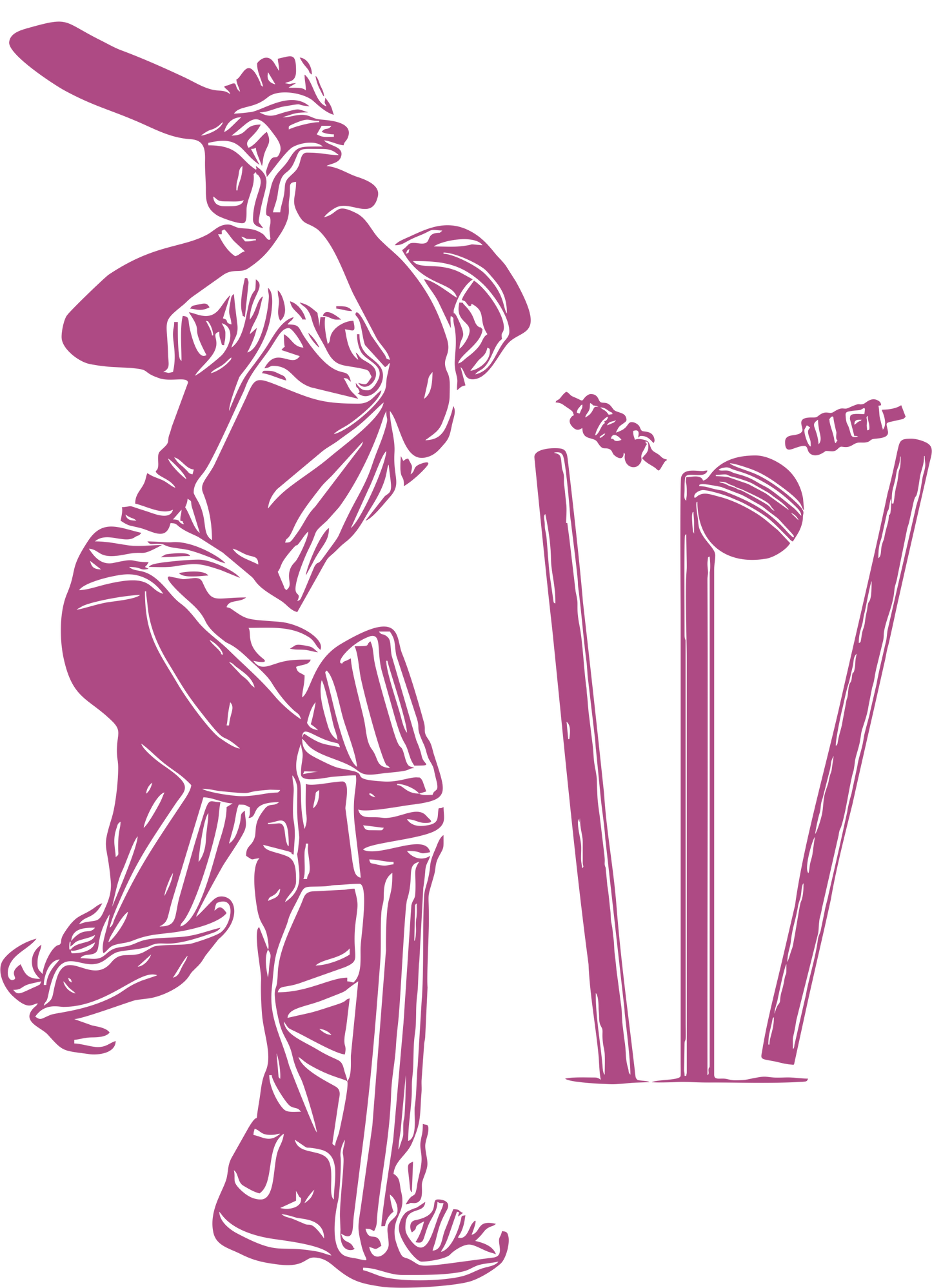 Cricket wall decal – Batsman dismissal silhouette in purple, facing right – Vinyl sticker for cricket-themed decor.