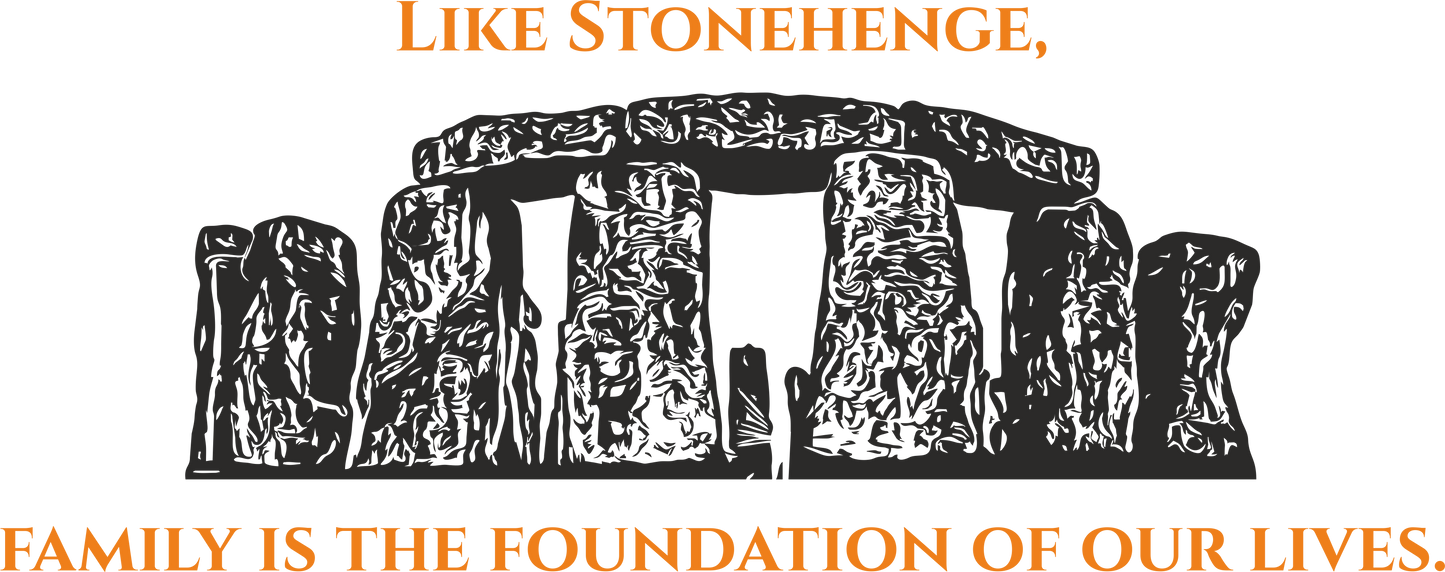 Orange family quote wall sticker with Stonehenge imagery