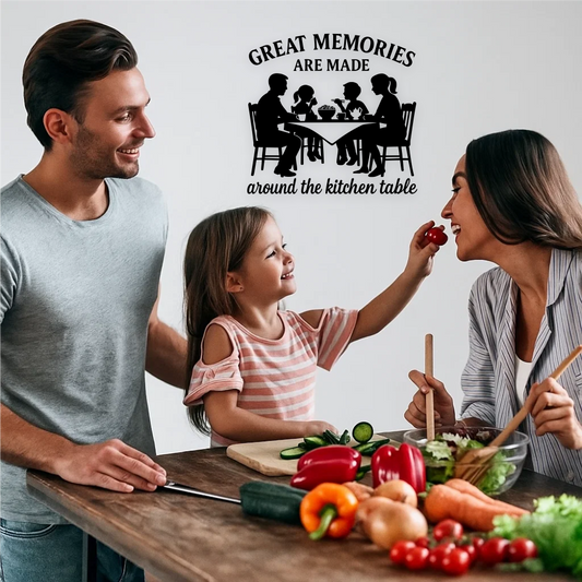 Family cooking together in kitchen with “Great Memories” wall decal above the table