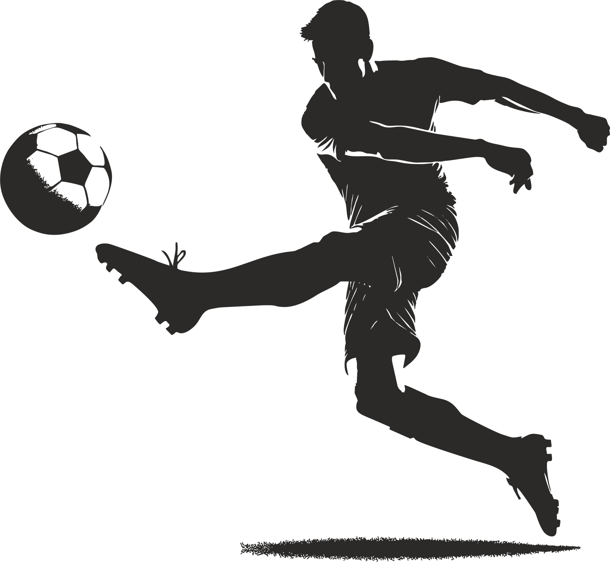 Football wall decal – Goal-scoring kick silhouette in black, facing left – Vinyl sticker for sports-themed decor.