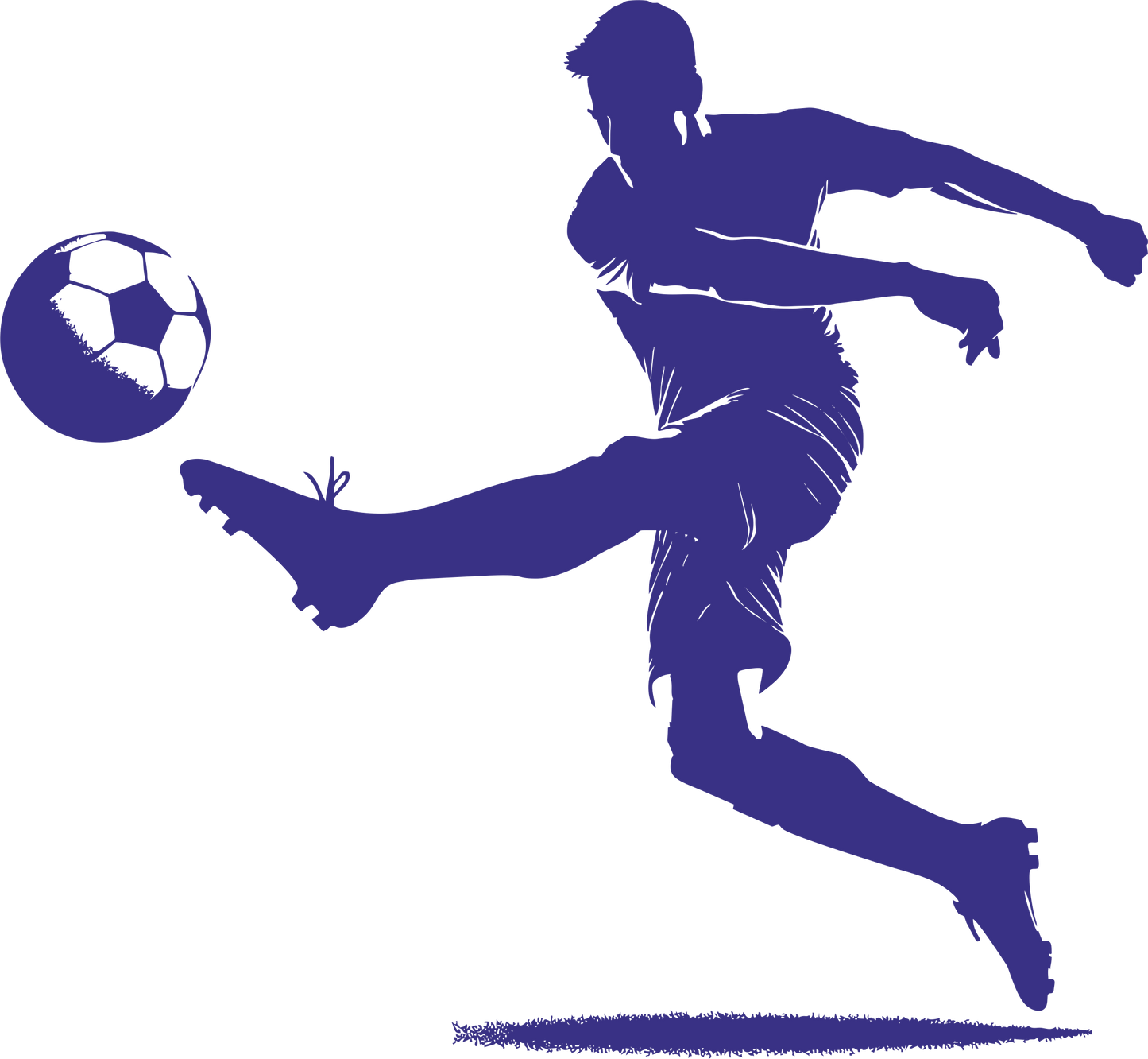 Football wall decal – Goal-scoring kick silhouette in navy, facing left – Vinyl sticker for sports-themed decor.