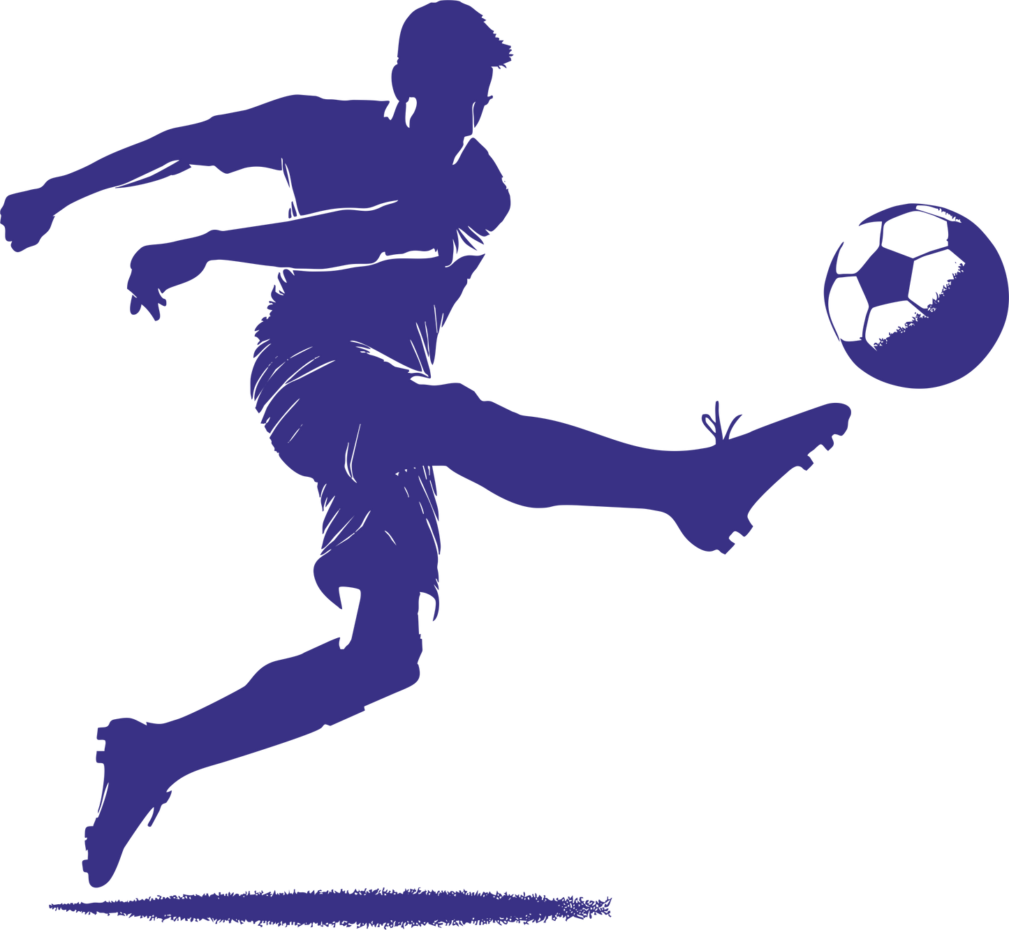 Football wall decal – Goal-scoring kick silhouette in navy, facing right – Vinyl sticker for sports-themed decor.