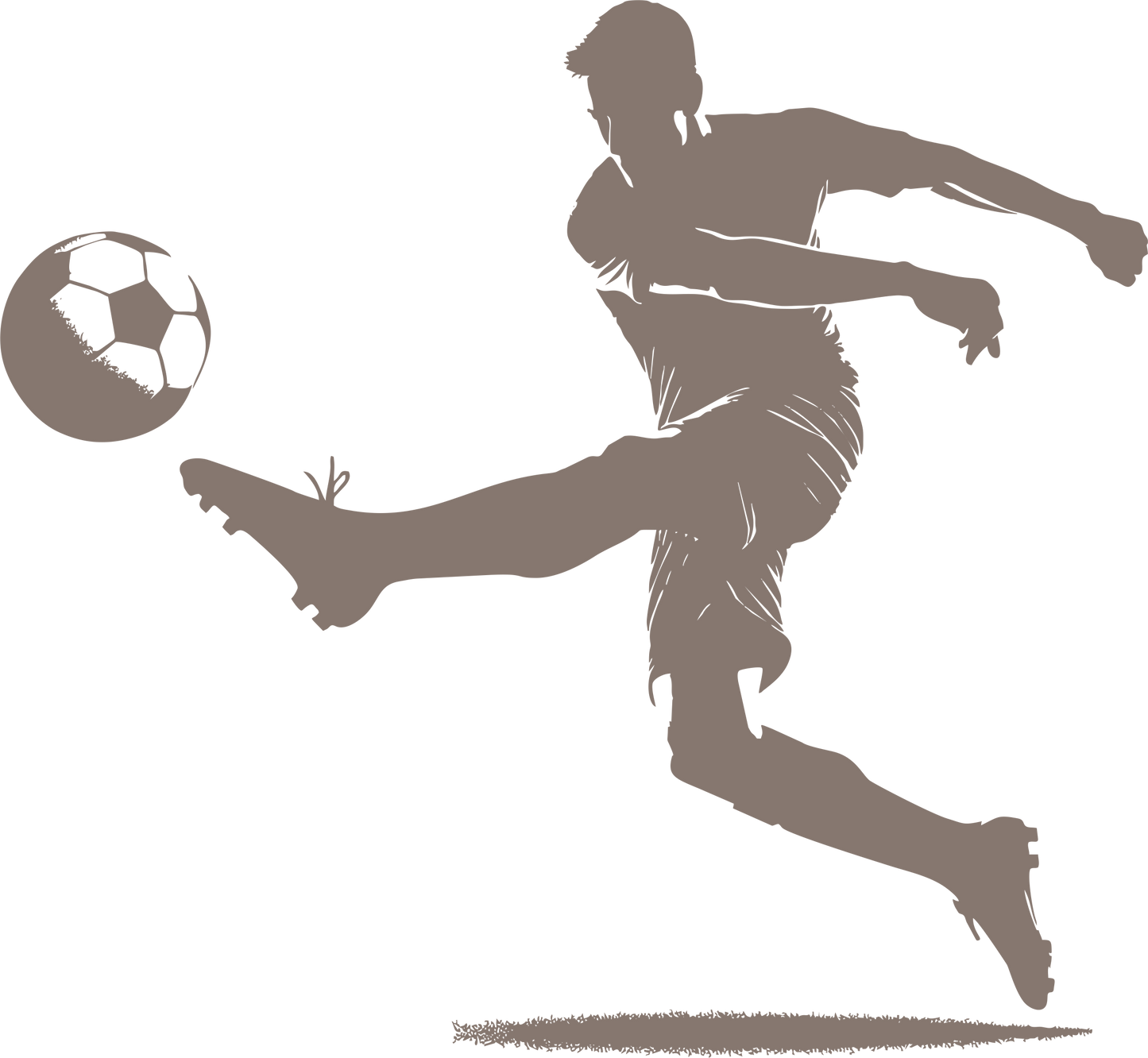 Football wall decal – Goal-scoring kick silhouette in brown, facing left – Vinyl sticker for sports-themed decor