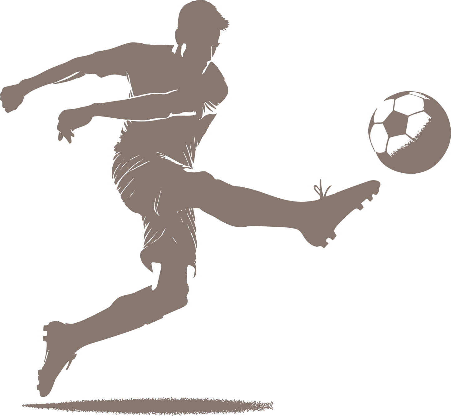 Football wall decal – Goal-scoring kick silhouette in brown, facing right – Vinyl sticker for sports-themed decor.