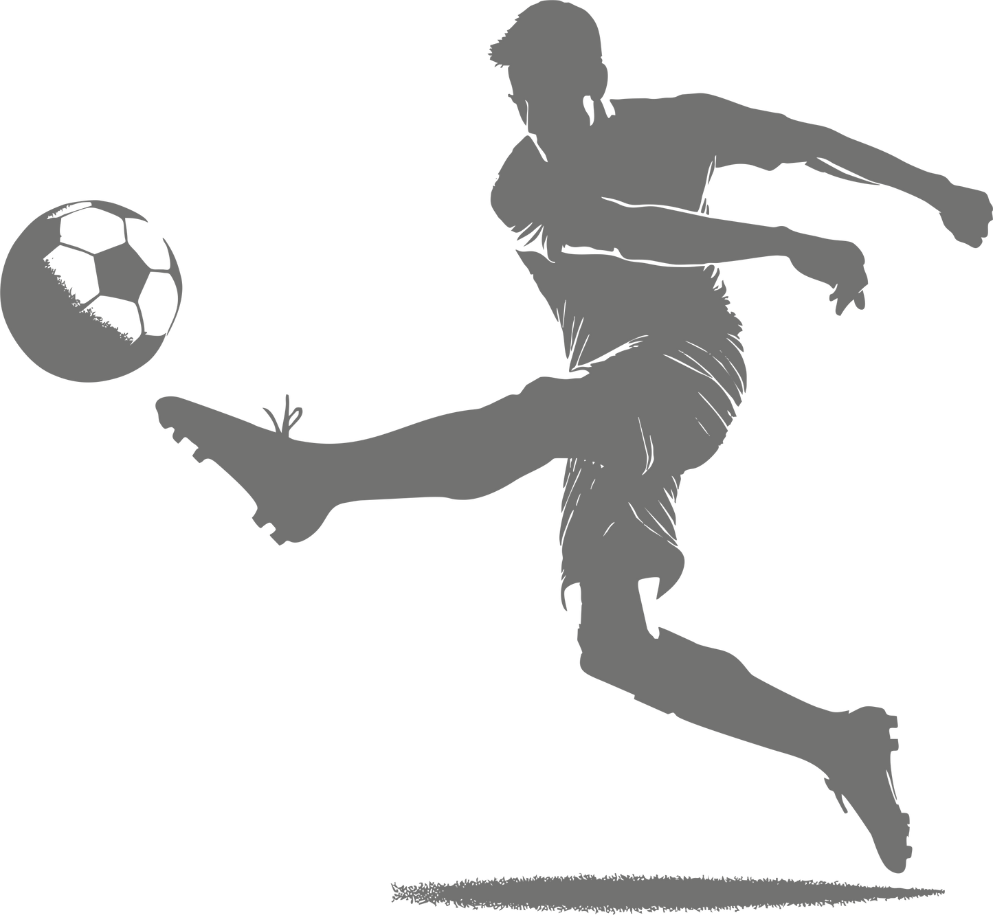 Football wall decal – Goal-scoring kick silhouette in grey, facing left – Vinyl sticker for sports-themed decor.