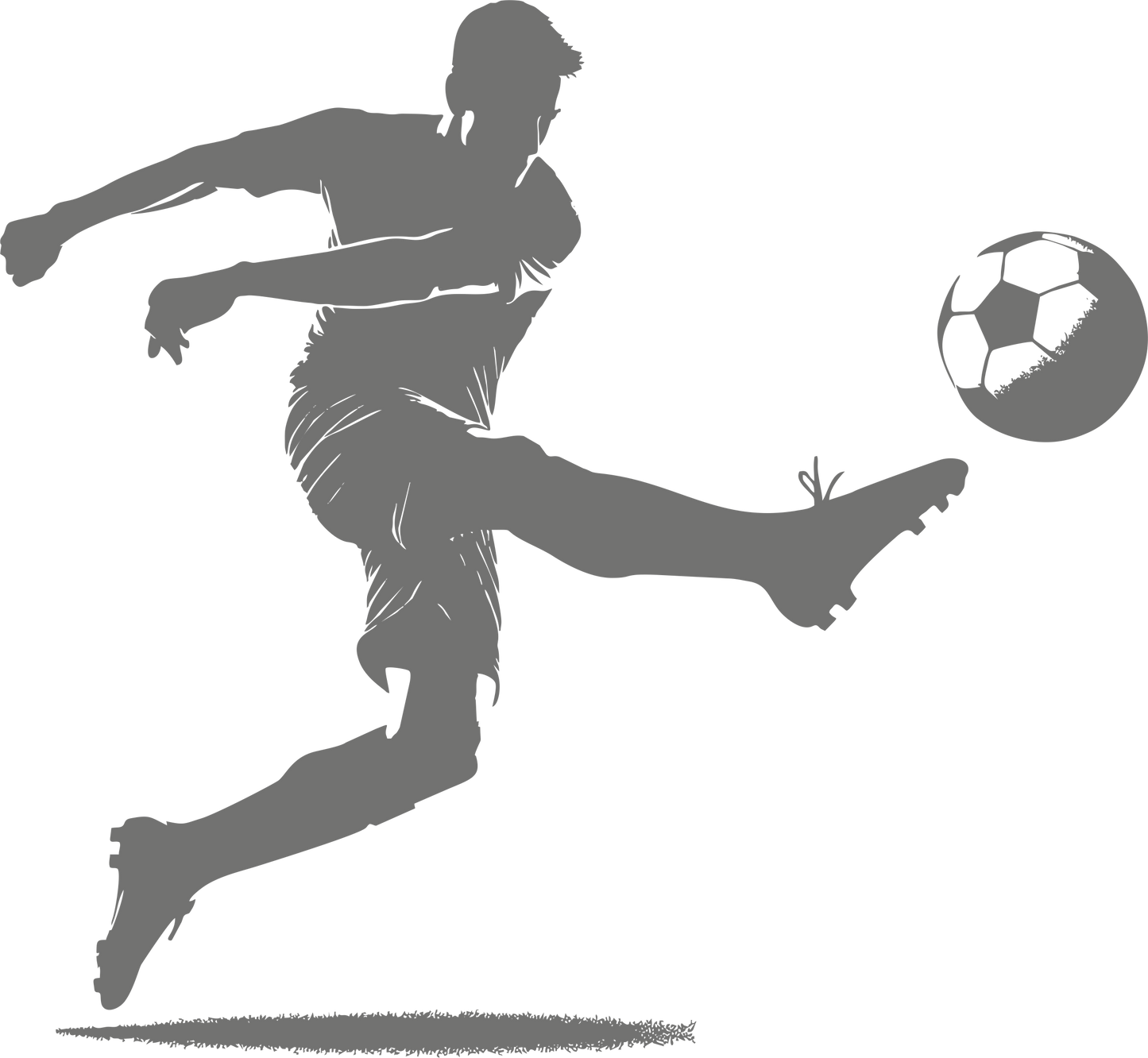 Football wall decal – Goal-scoring kick silhouette in grey, facing right – Vinyl sticker for sports-themed decor.