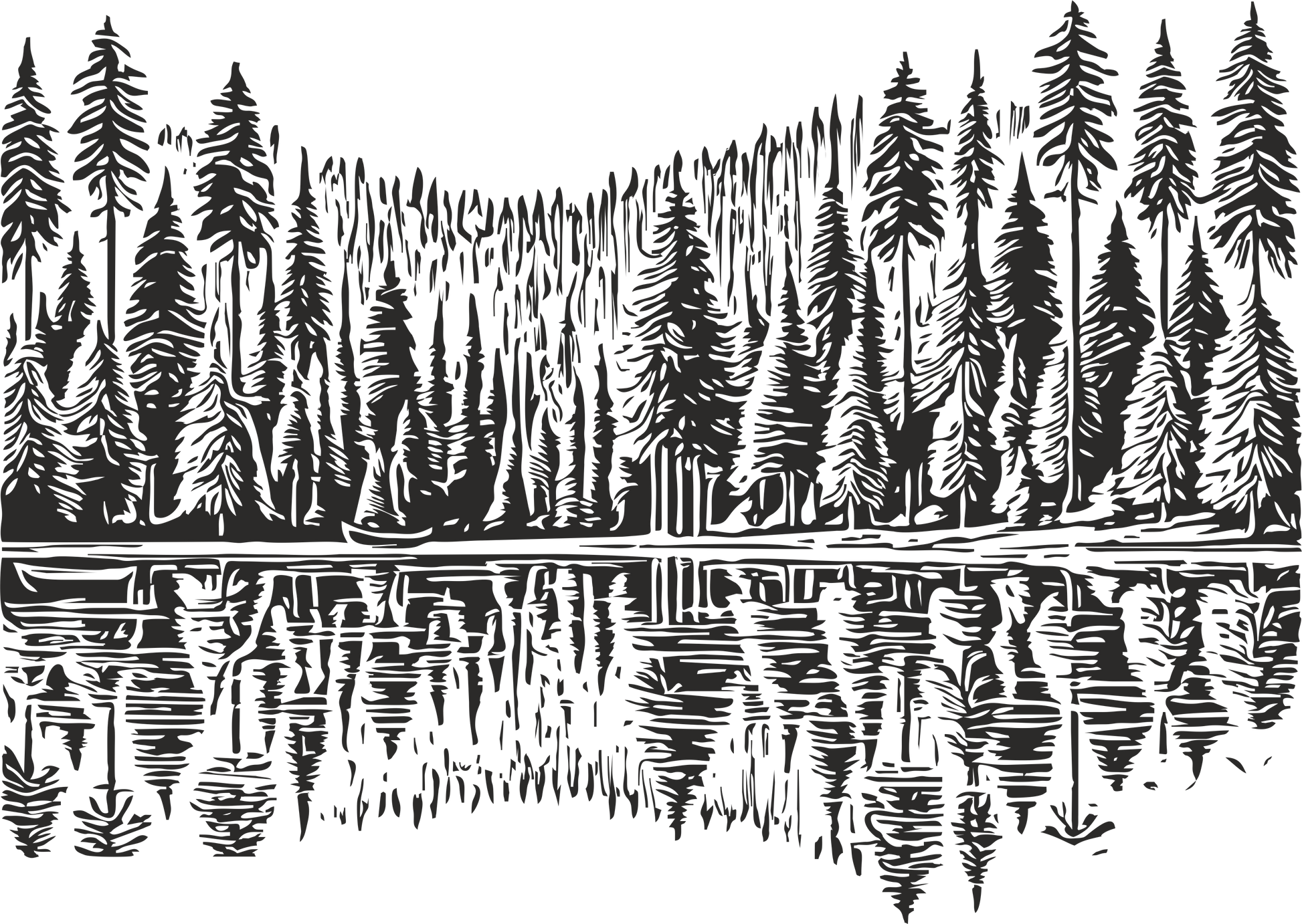 Black forest wall decal reflected on calm lake - living room nature vinyl sticker

