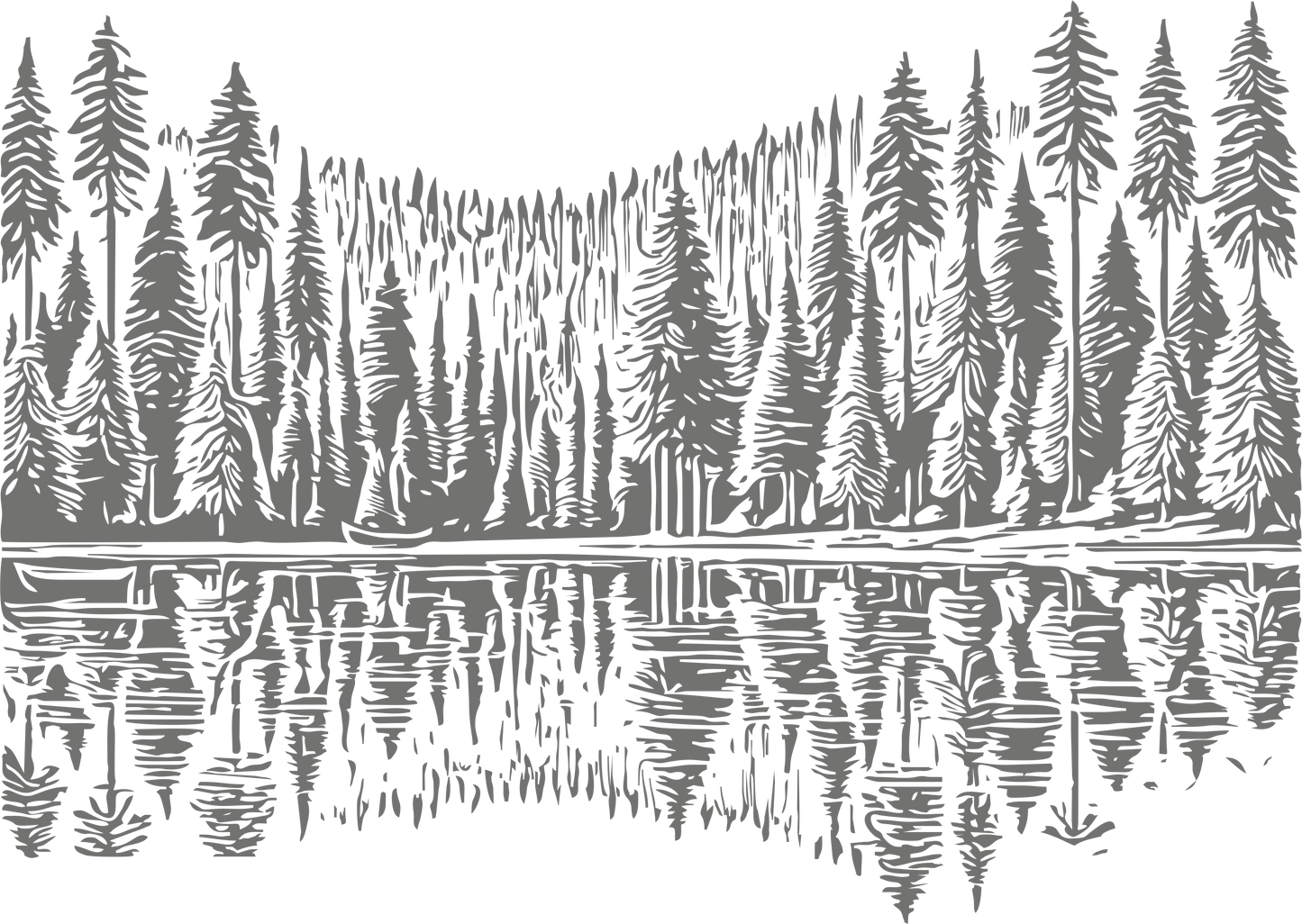 Grey forest wall decal with mirrored trees and water - peaceful living room decor