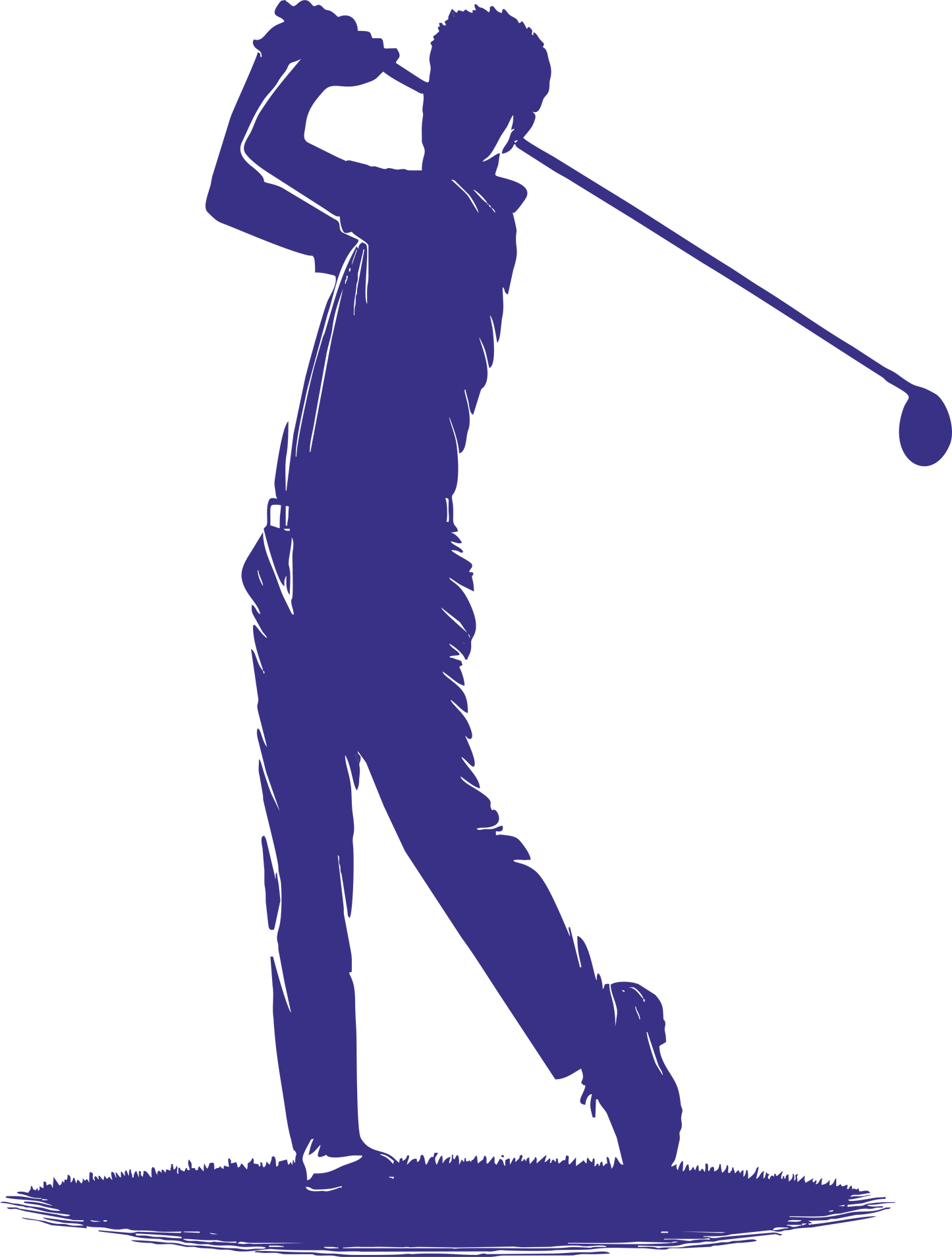 Golf wall decal – Swinging golfer silhouette in navy, facing left – Vinyl sticker for sports-themed decor.