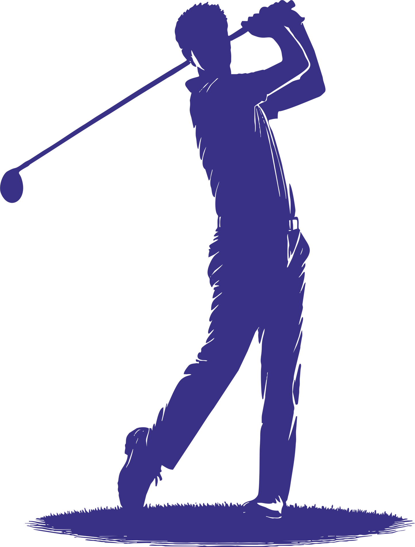Golf wall decal – Swinging golfer silhouette in navy, facing right – Vinyl sticker for sports-themed decor.