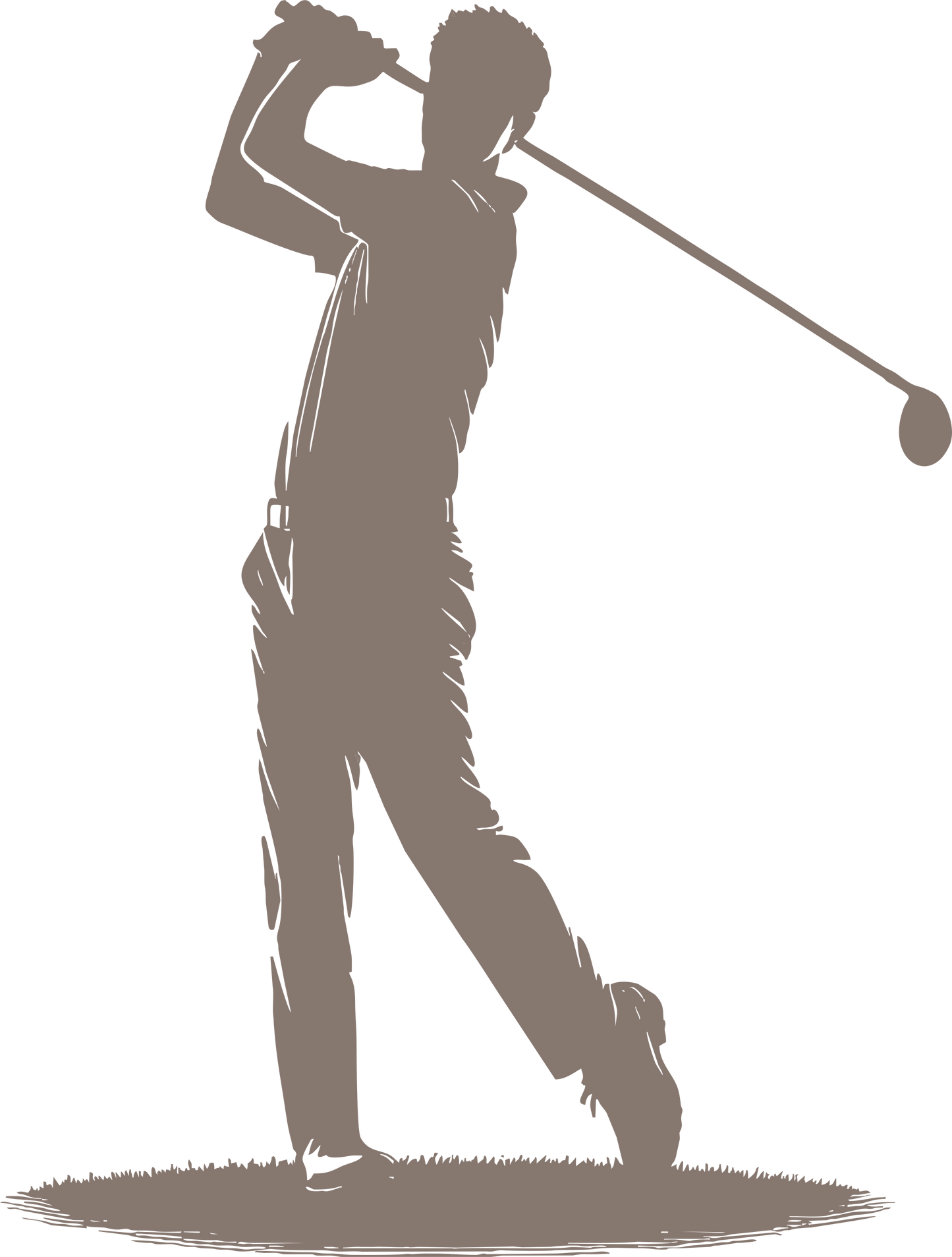 Golf wall decal – Swinging golfer silhouette in brown, facing left – Vinyl sticker for sports-themed decor.