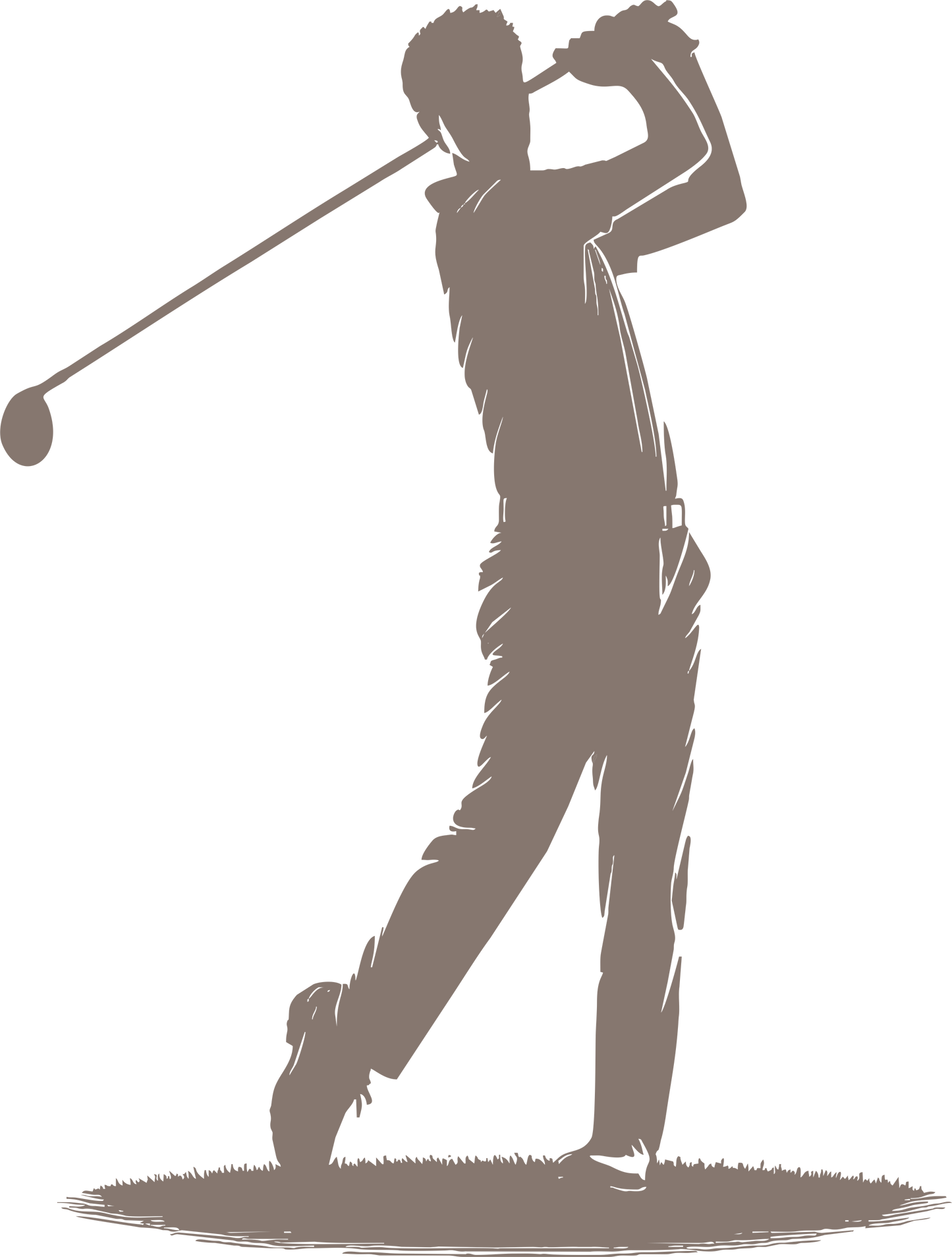 Golf wall decal – Swinging golfer silhouette in brown, facing right – Vinyl sticker for sports-themed decor.