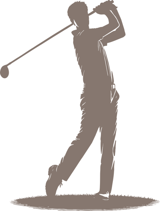 Golf wall decal – Swinging golfer silhouette in brown, facing right – Vinyl sticker for sports-themed decor.