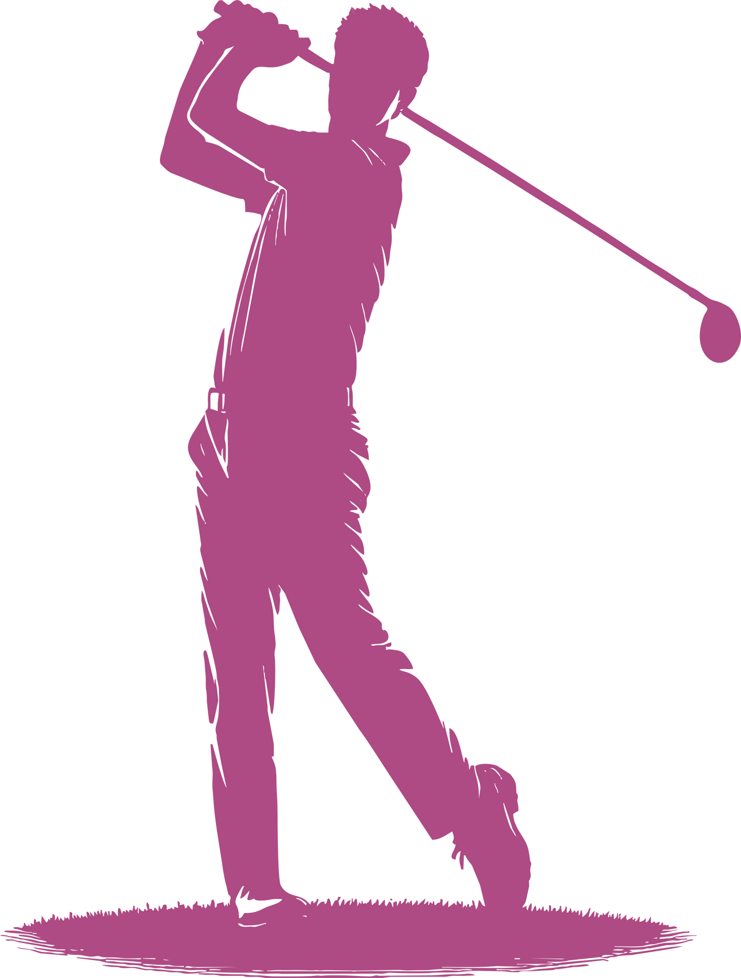 Golf wall decal – Swinging golfer silhouette in purple, facing left – Vinyl sticker for sports-themed decor.