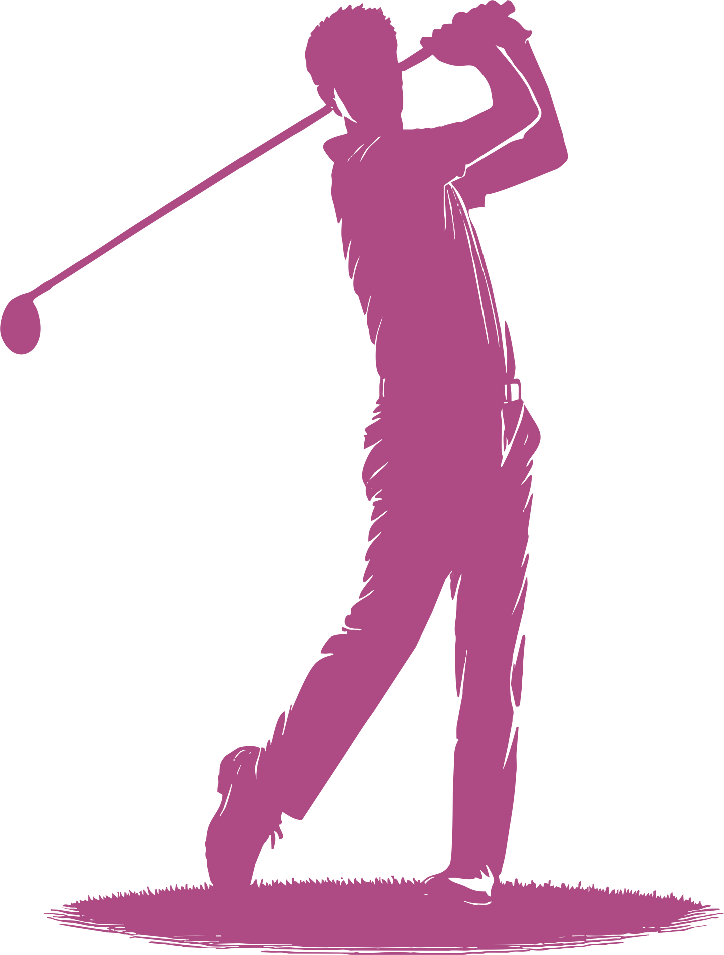 Golf wall decal – Swinging golfer silhouette in purple, facing right – Vinyl sticker for sports-themed decor.