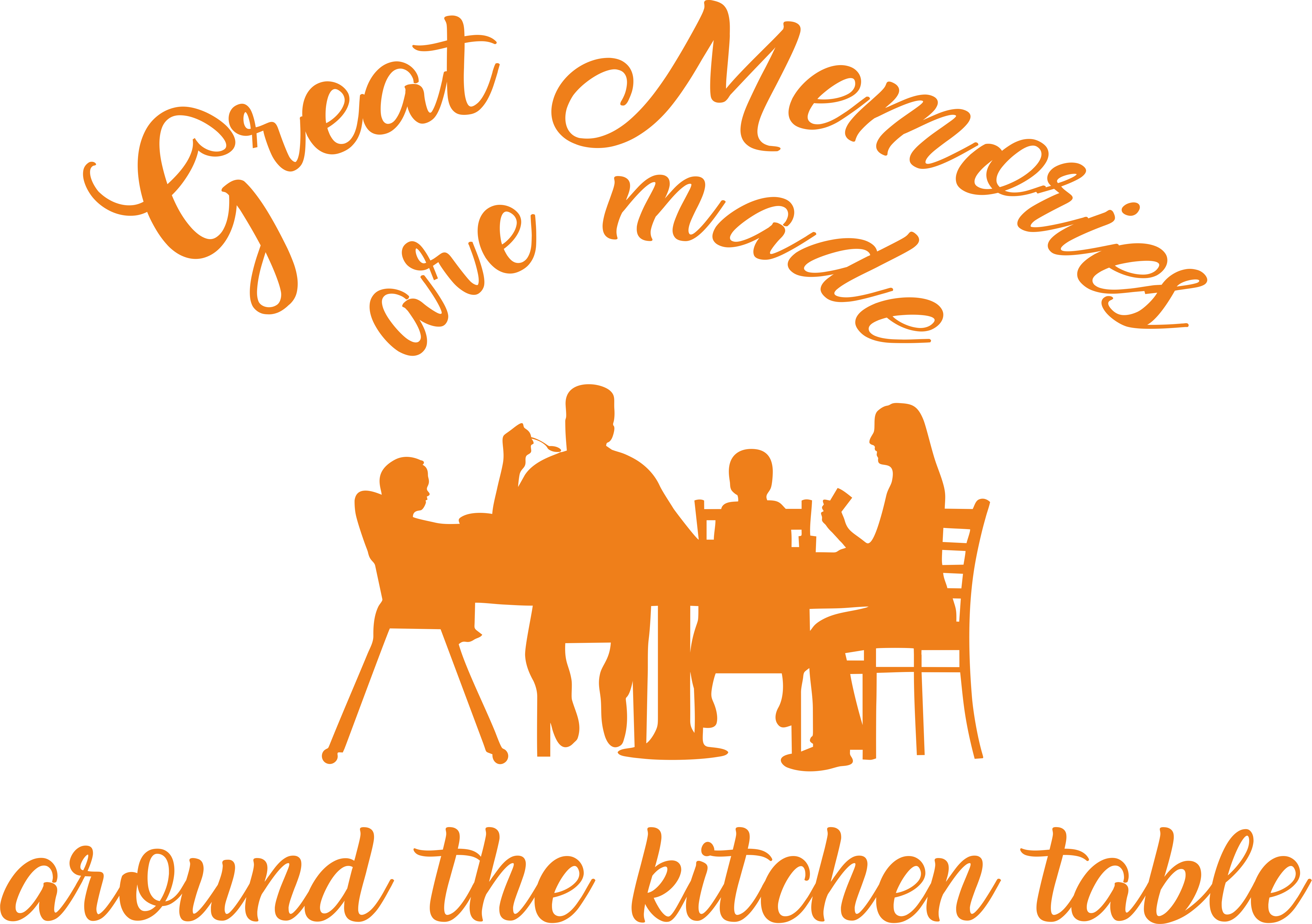 Kitchen wall decal – "Great Memories Are Made Around the Kitchen Table" in orange – Vinyl sticker above dining table.